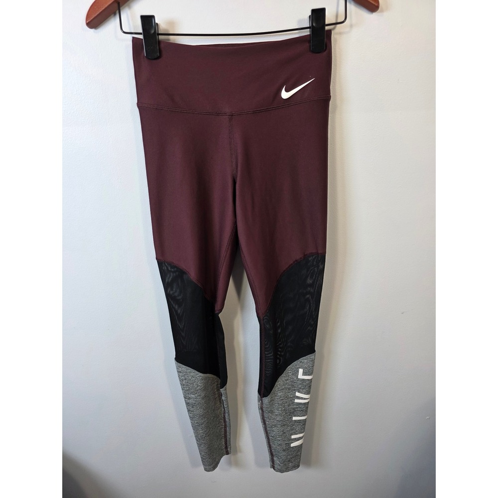 Nike Dri-FIT Women XS Burgundy Black Grey Colorblock Mesh Panel Leggings Gym